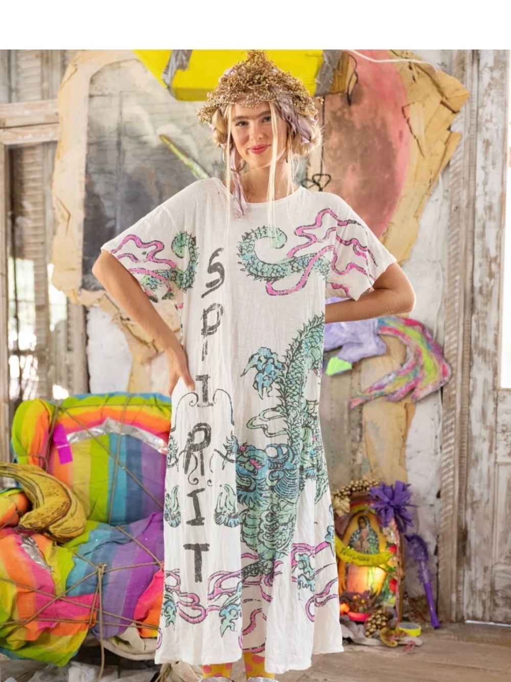 Magnolia Pearl White Spirit Dragon-Tee Dress with Teal & Pink Accents -OS